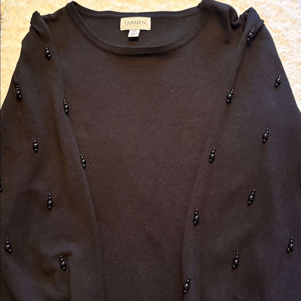 Carmen Marc Valvo Black Knit Sweater Balloon Sleeves with Black Beads (L)